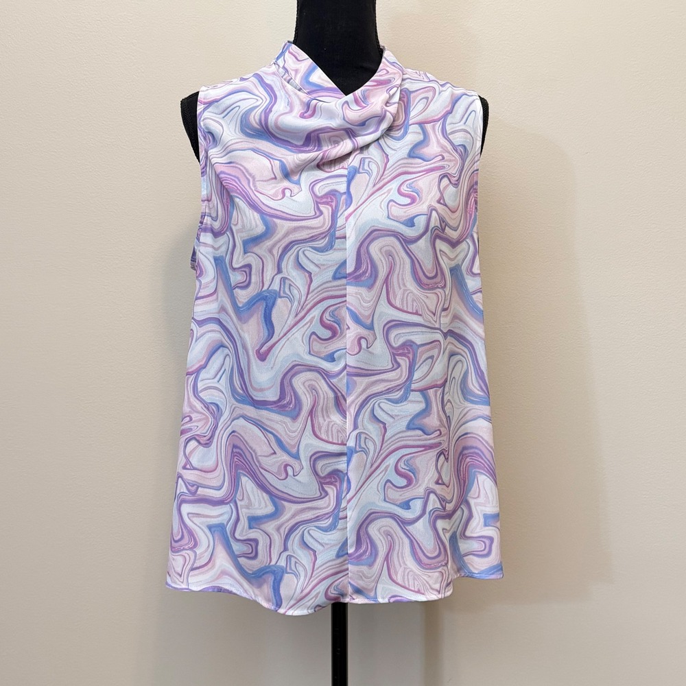 Bar III Women L Swirl Sleeveless Blouse Pink Purple Blue High Button Neck Career